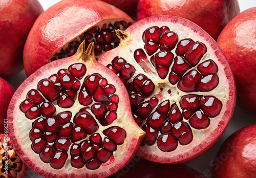 Flat Lay of Pomegranate Halves on White Background