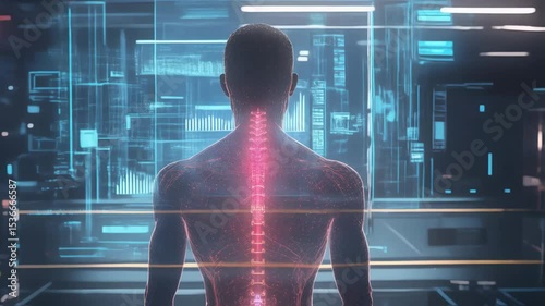 Focus on the innovative integration of artificial intelligence in spinal health assessment. Health professionals analyze complex data visuals to enhance diagnostics in a contemporary laboratory.