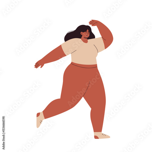 Plus-size woman jogging with enthusiasm in casual workout attire  