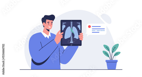 Doctor showing lung X-ray on tablet in modern clinic environment  