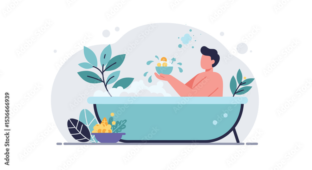 Man relaxing in herbal detox bath with plants and bubbles Man relaxing in herbal detox bath with plants and bubbles