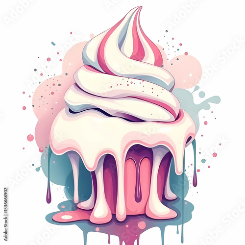 Swirled Ice Cream Cone with Dripping Pastel Colors and Splash Background Digital Illustration