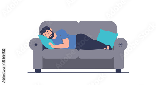 Man sleeping on couch with pillows in a relaxed indoor setting  