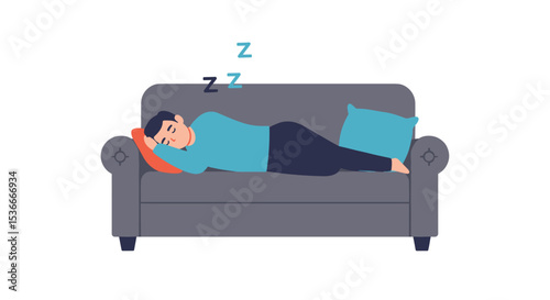 Man sleeping on a couch with pillows in a modern living room  