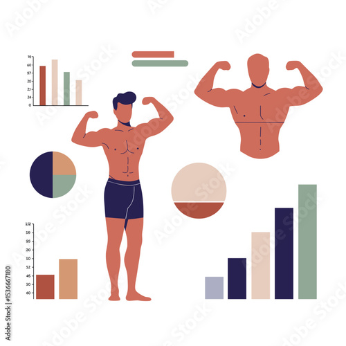 Muscle mass tracker illustration with graphs and figures of men  