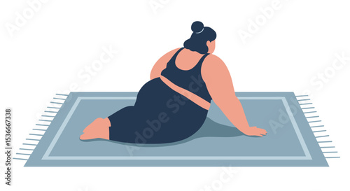 Plus size woman stretching on exercise mat indoors  