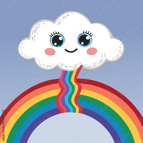 A cute flat-style vector of a smiling white cloud with rosy cheeks and blue eyes
