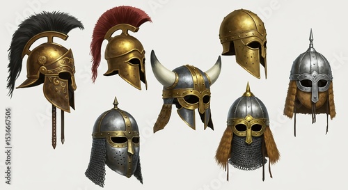A historical illustration of ancient war helmets from different civilizations: Roman legionnaire helmet, Greek Corinthian helmet, Viking helmet with nose guard, medieval knight helmet, and Mongol warr