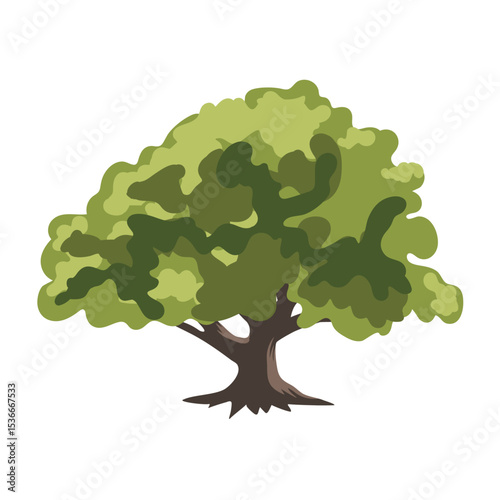 The tree is green and summery in a flat style. Plants in the forest. Vector illustration.