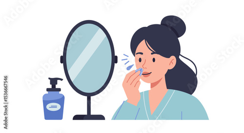 Young woman examining her skin in mirror while applying skincare  