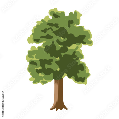 The tree is green and summery in a flat style. Plants in the forest. Vector illustration.