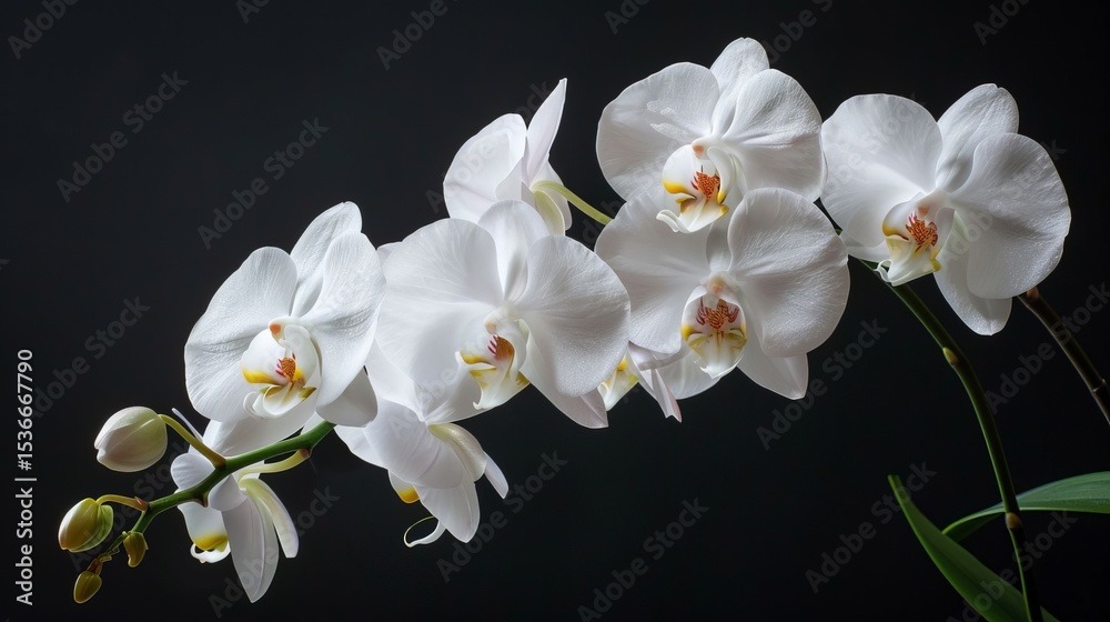 Obraz premium Elegant White Phalaenopsis Orchids Blooming Gracefully Against a Dark Background