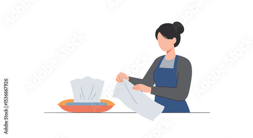 Woman folding tissue paper while standing at a table in kitchen  