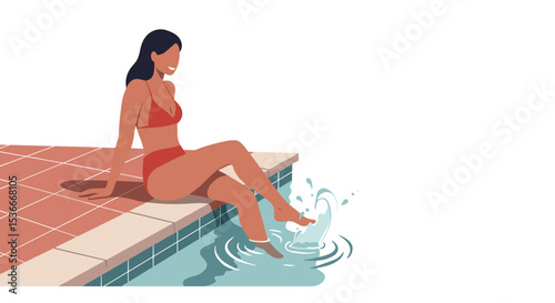 Young woman relaxing by the pool and splashing water with her foot  