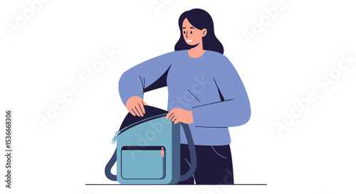 Young woman packing backpack with smile in casual indoor setting  