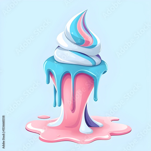 Blue and Pink Ice Cream Swirl with Glossy Melting Drips Digital Illustration