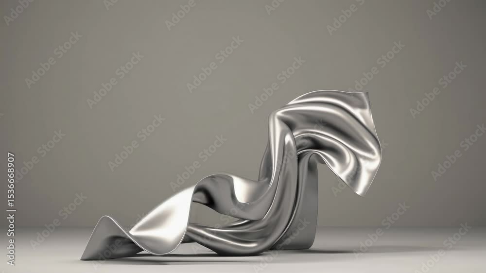 Silver metallic fabric flowing and waving in empty space, creating an abstract and elegant composition with dynamic movement and a sense of lightness