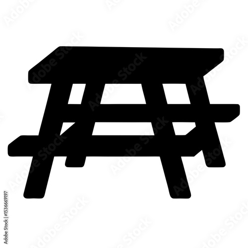 Black silhouette of a picnic table, isolated on white background, simple design