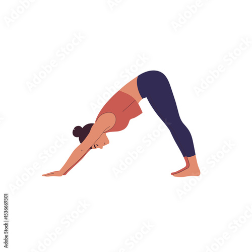 Woman performing downward dog yoga pose on a white background  