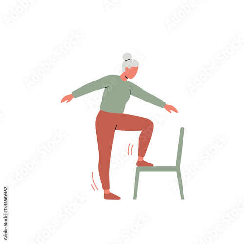 Elderly woman exercising by lifting knee with chair for support  