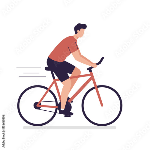 Young man riding bicycle at high speed in a flat design style  