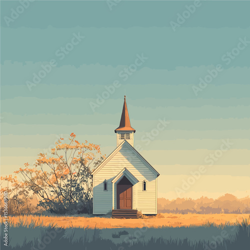 Peaceful white country church in rural meadow under dramatic cloudy sky - faith, spirituality, and small-town America concept