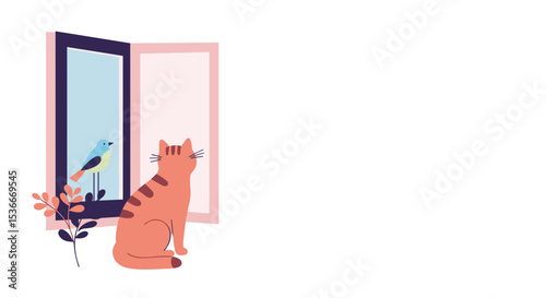 Cat gazing at bird through open window with flowers nearby  