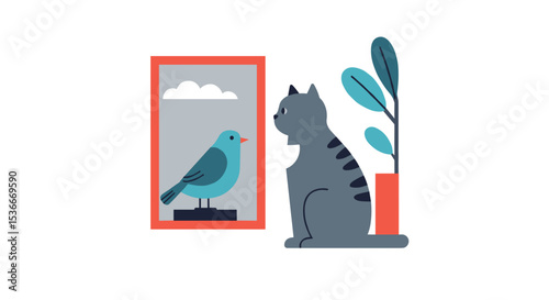 Cat observing blue bird through window with green plant nearby  