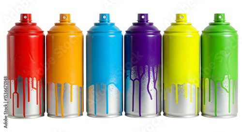 A vibrant arrangement of six spray paint cans in red, orange, yellow, green, blue, and purple, showcasing artistic potential