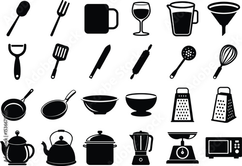 Vector Kitchen Utensil Silhouettes Set,  Cooking Icon Design