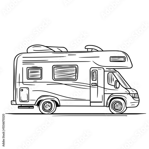Line drawing of a motorhome vehicle on a white background  