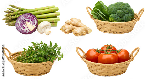 A vibrant assortment of fresh vegetables including asparagus, ginger, broccoli, and tomatoes arranged in woven baskets