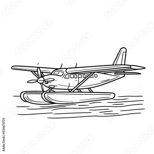 Seaplane illustration landing on water with skids in outline drawing  