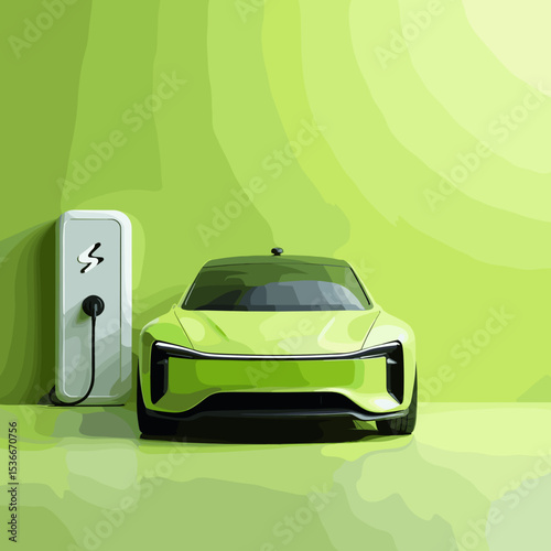 Electric Vehicle Charging at Station - Vector Stock Illustration
