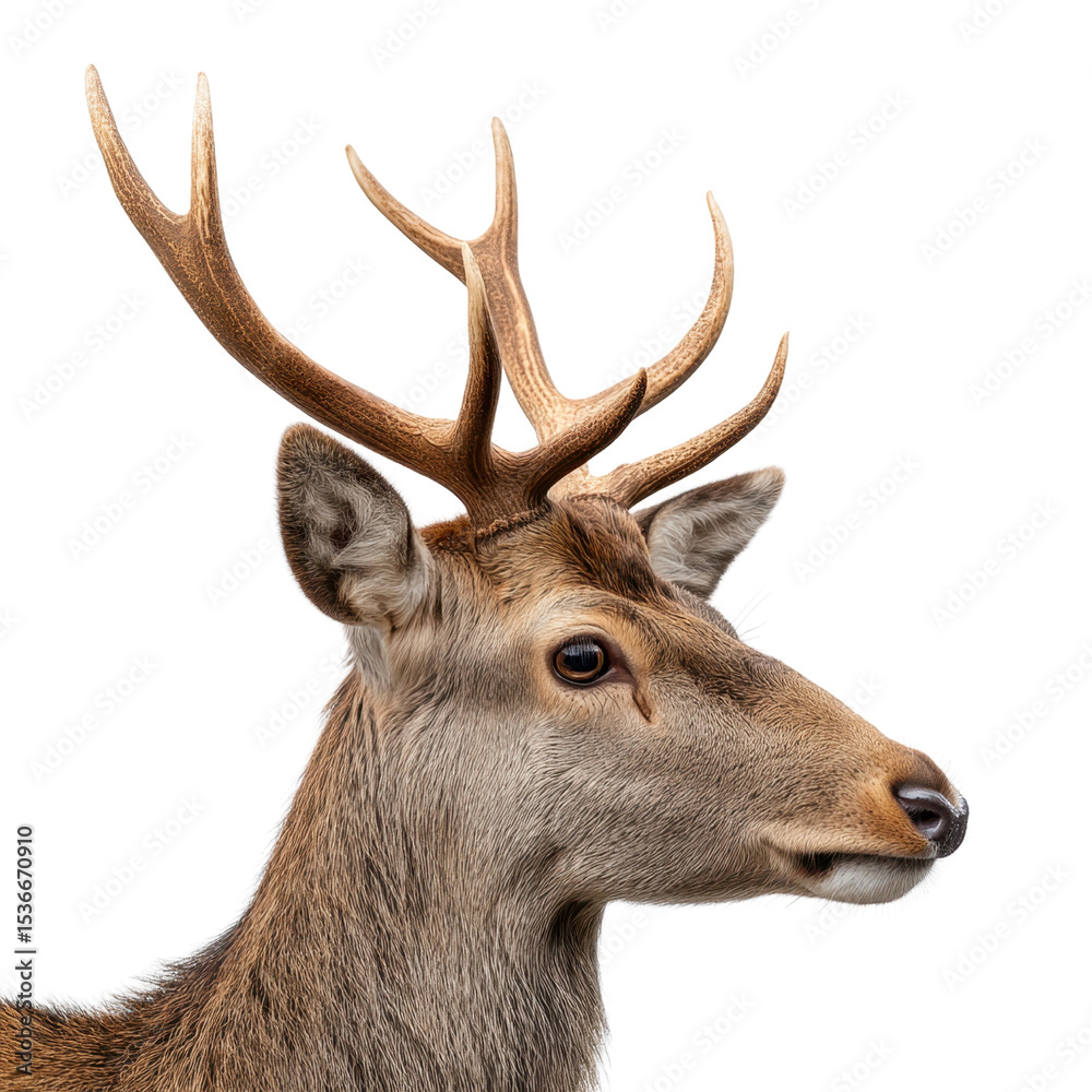 Fototapeta premium Majestic deer with large antlers standing in a serene forest during the golden hour light Transparent background or png