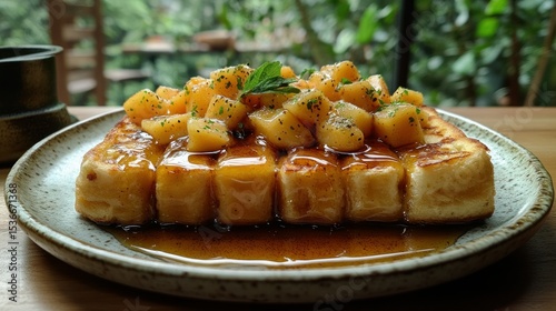 Sweet, golden waffle topped with caramelized fruit