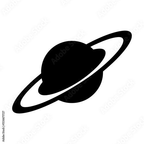 Simplified black and white illustration of a ringed planet in space