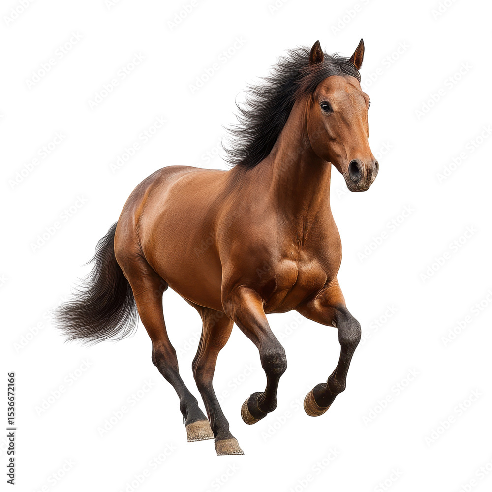 Obraz premium Majestic Brown Horse Galloping in a Lush Green Field Under Clear Blue Sky in a Vibrant Natural Landscape Transparent background or png
