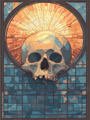Mystical stained glass skull with radiant sunburst halo in Art Nouveau style - perfect for gothic, spiritual, and vintage design projects