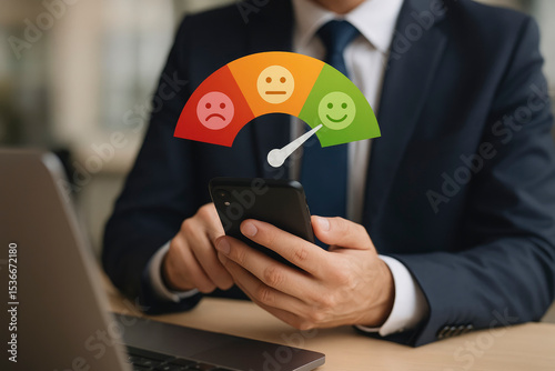 Businessman Submitting Customer Satisfaction Feedback on Smartphone, Service Review, User Experience & Quality Rating