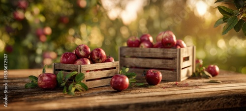 The vibrant apples in rustic crates basking in warm sunlight.