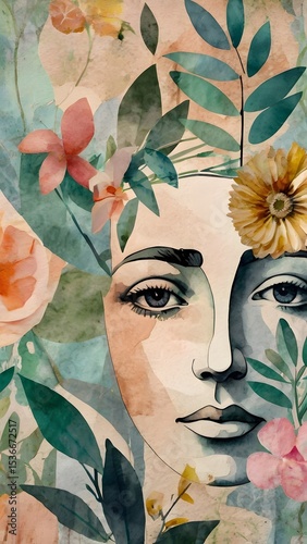 Modern Botanical Woman Portrait – Watercolor Floral Art Collage for Wall Decor or Digital Design