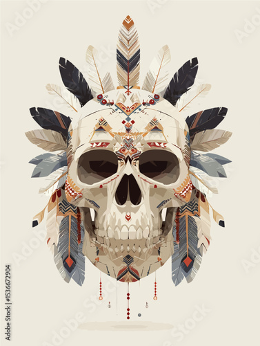 Native American inspired geometric skull art with feathers and tribal patterns - Bold vector illustration perfect for apparel, tattoo designs, and cultural themes