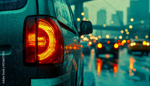 Close-up of a wet vehicle's rear light on rainy city street at night