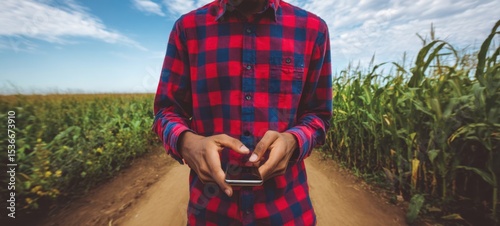 The smartphone user walking through a cornfield on a sunny day.