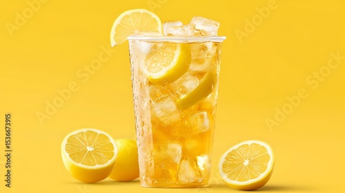 Lemon yakult tea in transparent cup with lemon slices and ice