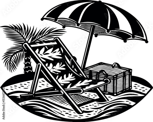Colorful Collage Art of a Deck Chair with Umbrella