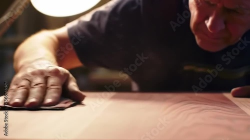 Craftsman Sanding Wood with Hand in Warm Light