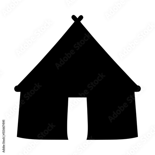 Stylized black silhouette of a tent or teepee with open door