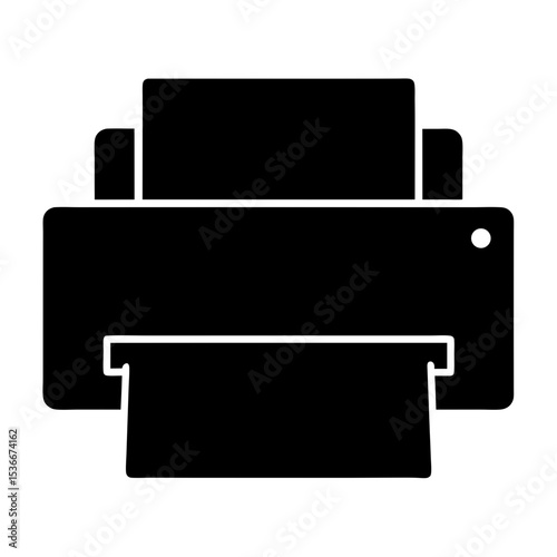 A simple black printer icon with paper coming out of it